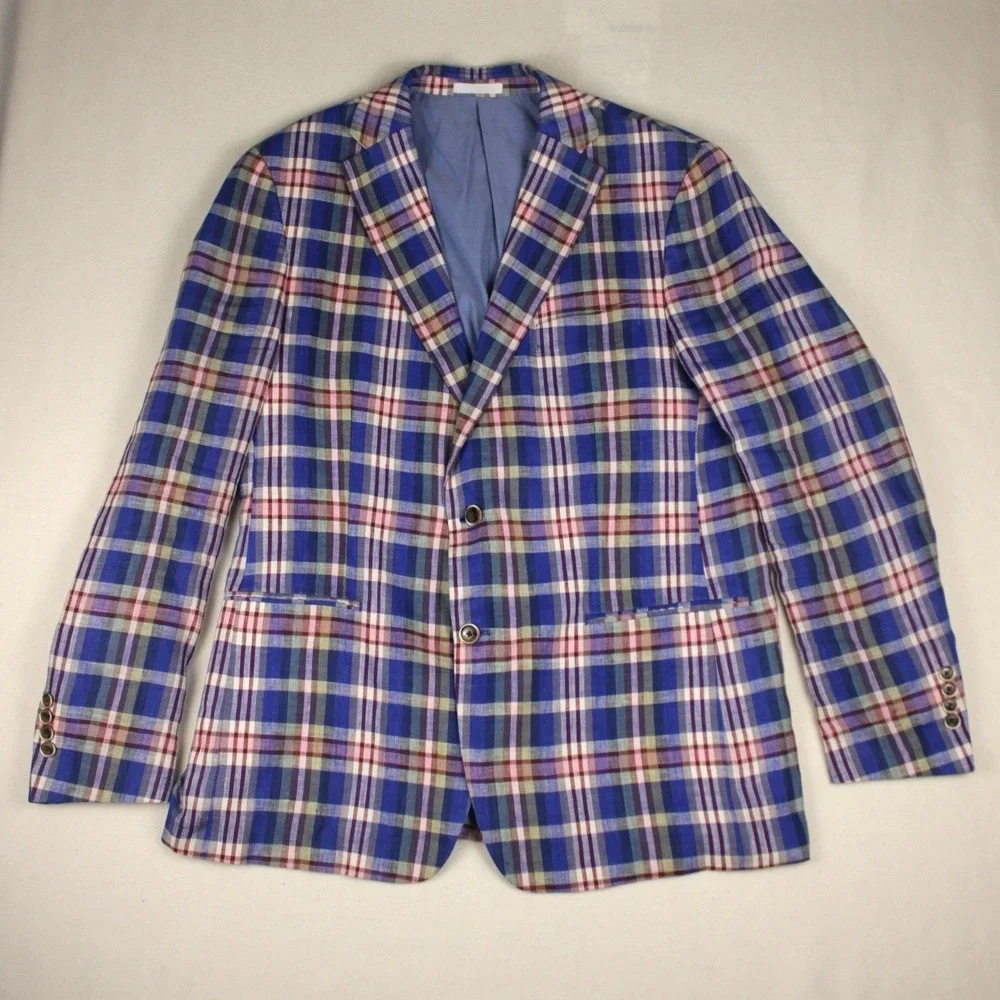 Tallia Orange 44L Linen Sport Coat Blue Plaid Blazer‎ Mens Large Preppy